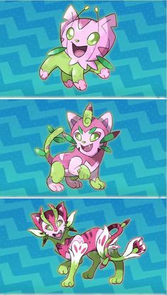 three different images of the same character in pokemon's animated video game, which appears to be pink and green