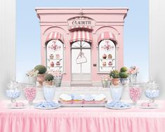 an image of a pink store front with flowers on the window sill and desserts on the table