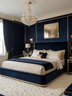 a bedroom with blue walls and gold trimmings on the bed, chandelier