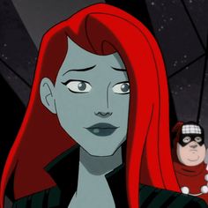 an animated woman with long red hair standing in front of a cartoon character