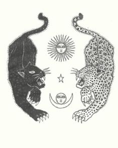 two cats are facing each other with sun and moon above them