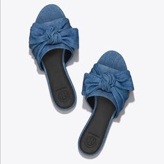 New Tory Burch Annabelle Bow Slide Sandals Denim Chambray In A Knotted Design Slip-On Leather Lining Leather Sole Was A Display So Slight Discoloration On Soles Includes Box But Not Original Box For This Size, No Dustbag Black Tory Burch Sandals, Tory Burch Mules, Fashion Island, Denim Bows, Stacked Heel Sandal, Bow Slides, Miller Sandal, Tory Burch Sandals, Bow Sandals