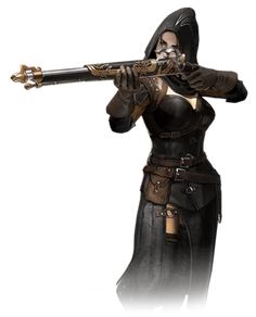 Blade Singer Dnd, Magic Gunslinger, Fantasy Musket, Dnd Musket, Female Gunslinger Art, Female Gunslinger, Warlock Dnd, Steampunk Character, D&d Minis