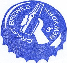 a blue and white label with an image of a bottle opener on the top of it