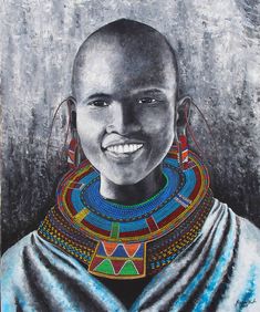 a painting of a woman with earrings on her head and an african necklace around her neck