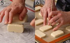 two pictures showing how to cut cheese on a cutting board