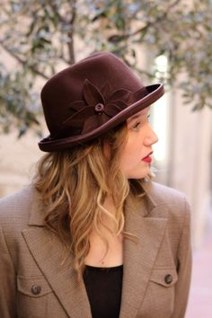 Brown trilby hat for women handmade short brim felt hat with | Etsy Brown Fitted Fedora For Kentucky Derby, Brown Fur Felt Fedora For Kentucky Derby, Elegant Brown Fedora For Fall, Brown Felt Fedora With Curved Brim, Fall Brown Felt Fedora, Chic Brown Fedora With Curved Brim, Chic Brown Felt Hat For Winter, Fitted Brown Felt Hat, Chic Brown Curved Brim Fedora