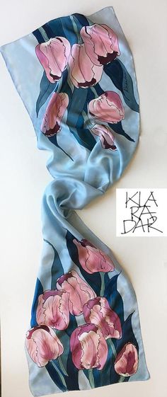 Blush Tulips Scarf hand painted, Baby blue silk scarf with Light Pink Tulips, Painted scarf, Pastel Spring scarf Luxury scarves Unique handmade scarf, Mothers day gift, Gift for mom, gift for her ♥ measurements are 17 x 70 in Pastel Floral scarf is painted on pure silk pongee 8 ♥MY SHOP: http://www.etsy.com/shop/klaradar?ref=seller_info ♥LUXURY SILK SCARVES & SHAWLS https://www.etsy.com/shop/klaradar?ref=hdr_shop_menu&section_id=18979710 ╙ Please note: Colors will vary slightly due to ca Elegant Hand Painted Blue Scarves, Elegant Blue Hand Painted Scarves, Hand Painted Blue Silk Scarf For Gift, Blue Floral Print Silk Scarf For Gift, Blue Floral Print Silk Scarf As Gift, Artistic Floral Print Scarf As A Gift, Artistic Floral Print Scarf As Gift, Artistic Floral Print Scarves For Gifts, Artistic Floral Print Scarves As Gifts