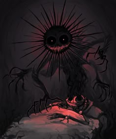 an illustration of a creepy creature in the middle of a bed with blood on it