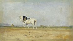 a painting of a white and black horse in a field with other horses behind it