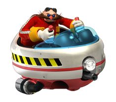 a cartoon character is riding in a toy car