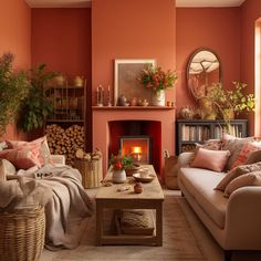 a living room filled with furniture and a fire place in the middle of the room