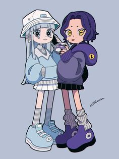 two cartoon characters standing next to each other on a gray background, one holding a cell phone