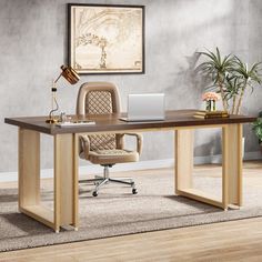 an office desk with a chair, laptop and potted plant in the corner next to it