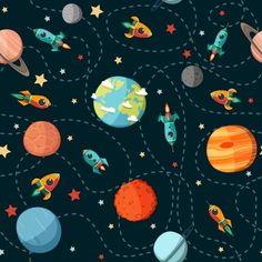 an image of outer space with planets and stars on the dark blue background for children's wallpaper