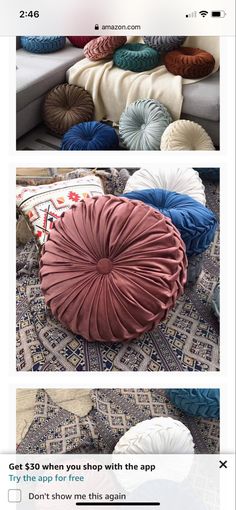 an image of different pillows on the floor with text that reads, get $ 50 when you shop with the app try this app for free