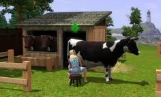 a woman standing next to a black and white cow in a green field near a barn