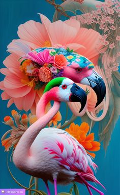 two flamingos are standing next to each other with flowers in their beaks and one is wearing a flower crown