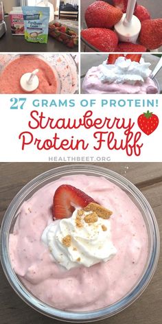 strawberry protein fluff with strawberries and whipped cream