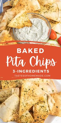 baked pita chips on a plate with dip and tomatoes