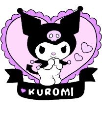 a black and white cat holding a heart with the word kuromi on it