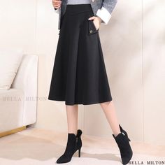 Bellamilton - Womens High-Waisted A-Line Midi Skirt in Solid Color with Elegant Flared Hemline Chic A-line Winter Bottoms, Elegant A-line Bottoms For Winter, Stretch Flared Skirt For Workwear, Winter Office Skirt With Pockets, Midi Skirt With Pockets For Work, Black A-line Bottoms For Workwear, Workwear Midi Skirt With Pockets, Winter A-line Solid Color Bottoms, Winter A-line Bottoms In Solid Color