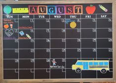 a chalkboard with school supplies on it and the words august written in large letters