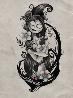 a drawing of a girl with flowers and butterflies on her head, holding a baby