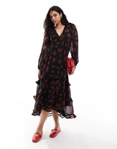 Dresses by Wednesday's Girl From one occasion to another Floral design V-neck Volume sleeves Ruffle details Regular fit Volume Sleeves, Girls Robes, Midaxi Dress, Black Shirt Dress, Maxi Dress Trend, Orange Dress, Hoodies For Sale, Adidas Samba, Tea Dress