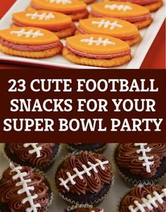 some cupcakes with chocolate frosting on them and the words 23 cute football snacks for your super bowl party