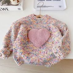 Mini Girls Trends x Heart Knit Sweater, Baby Girl Clothes Winter, Pull Bebe, Mode Crochet, Heart Sweater, Winter Girls, Long Sleeve Knit Sweaters, Warm Sweaters