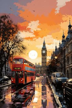 a red double decker bus driving down a street next to tall buildings with clock tower in the background