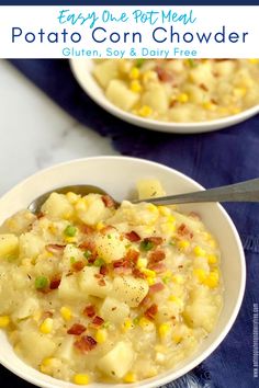 two white bowls filled with potato corn chowder on top of a blue table cloth