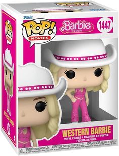 a pop vinyl figure in a box with a pink outfit and cowboy hat on it