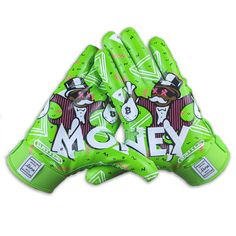 three green gloves with the word money printed on them and an image of two men in top hats