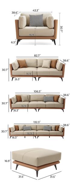 an image of a couch and ottoman with measurements for each section in the diagram below