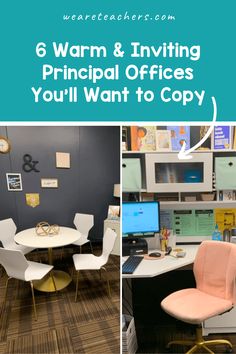 an office cubicle with chairs, desks and computer