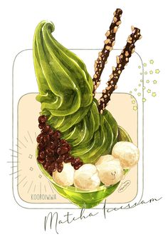 a drawing of a green smoothie with bananas and other toppings in a bowl