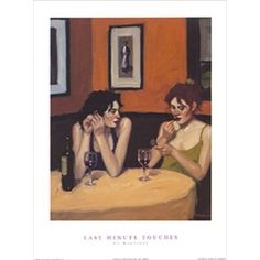 two women sitting at a table with wine glasses in front of them, one holding her face