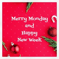 merry monday and happy new week with christmas decorations on a red background, surrounded by candy canes