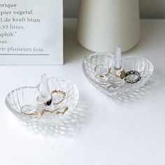 Set of 2, Vintage Heart Design Clear Glass Ring Dish, Jewelry Holder Tray-MyGift Heart Shaped Jewelry Holder, Small Jewelry Holder, Glass Ring Dish, Small Trinkets, Multiple Rings, Romantic Heart, Heart Shaped Jewelry, Glass Ring, Tray Set