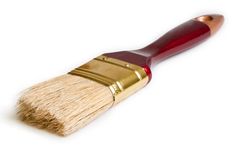 a red and gold paint brush on a white background