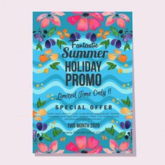 a flyer for an upcoming summer holiday event with flowers and leaves on blue watercolor background