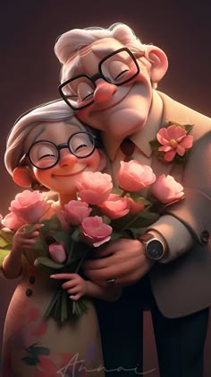 an older couple hugging each other with flowers in front of them on a dark background