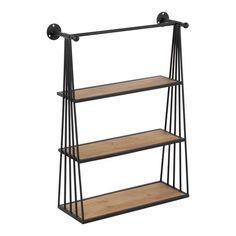 an iron and wood shelf with three shelves