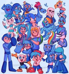 an image of cartoon characters with different facial expressions and hair colors, all dressed in blue