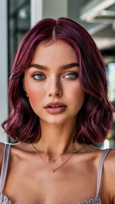 This short, ruby cut exudes youthful energy with bouncy waves and vibrant color. Cherry highlights brighten the style, making it a standout for summer women’s hairstyles or spring women’s haircuts. A low-maintenance yet impactful choice. Cherry Highlights, Wine Red Hair Color, Burgundy Balayage, Bouncy Waves, Red Hair Color Ideas, Cherry Plum, Wine Red Hair, Ombre Bob, Vintage Waves