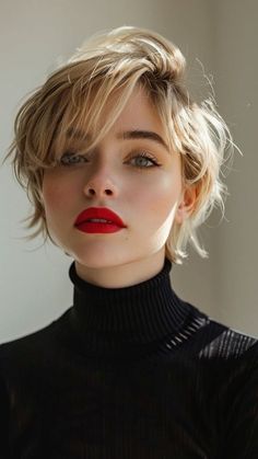 Girls Short Haircuts, Long To Short Hair, Short Layered Haircuts, Short Hair Color, Short Blonde, Trending Hairstyles, Short Blonde Hair, Red Lipstick, Long Curly Hair