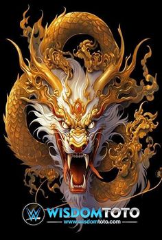 a golden dragon with its mouth open and it's teeth wide open, on a black background