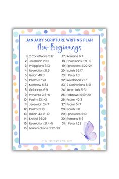 a blue and white calendar with a purple butterfly on it, next to the words january scripture